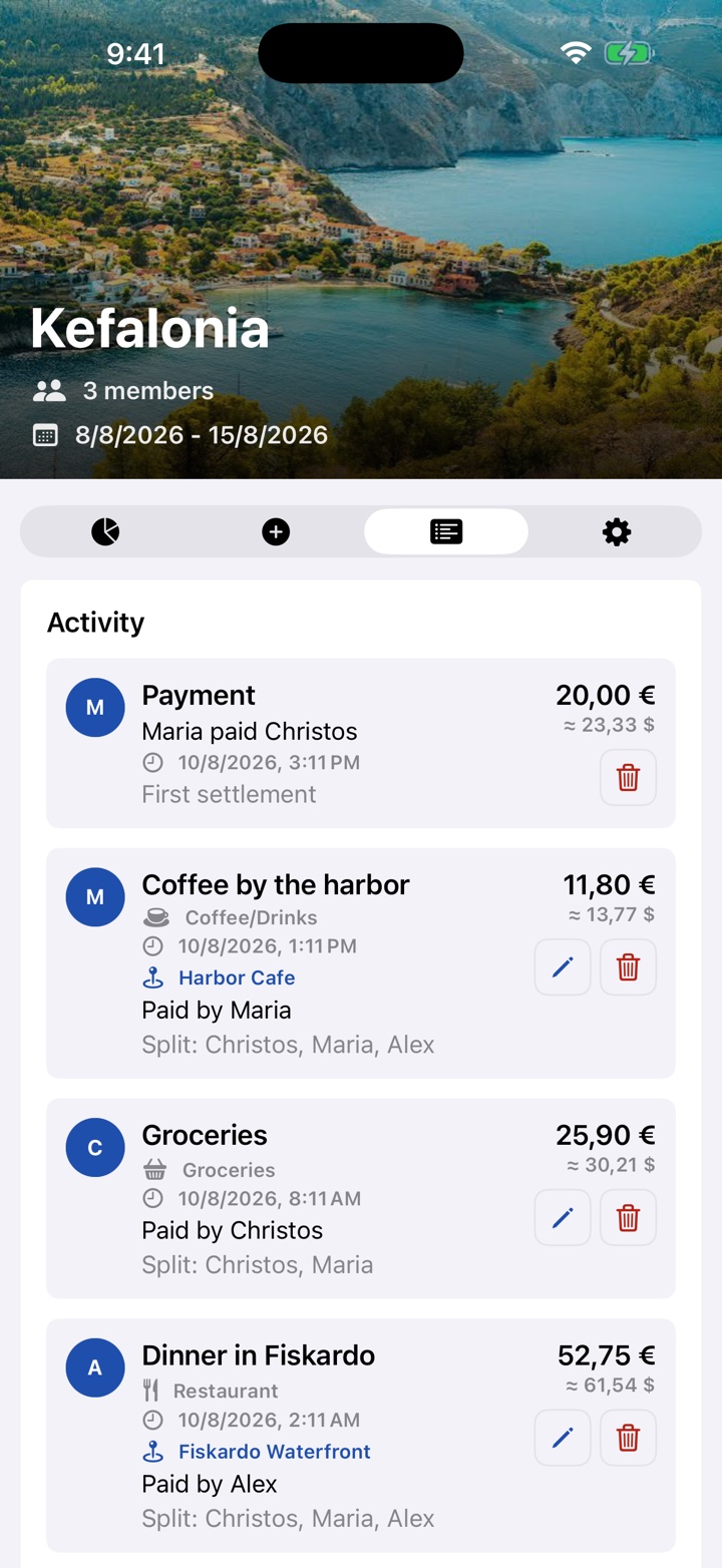 FairTrip Kefalonia activity screen showing dated euro expenses, approximate dollar values, and saved Apple Maps places