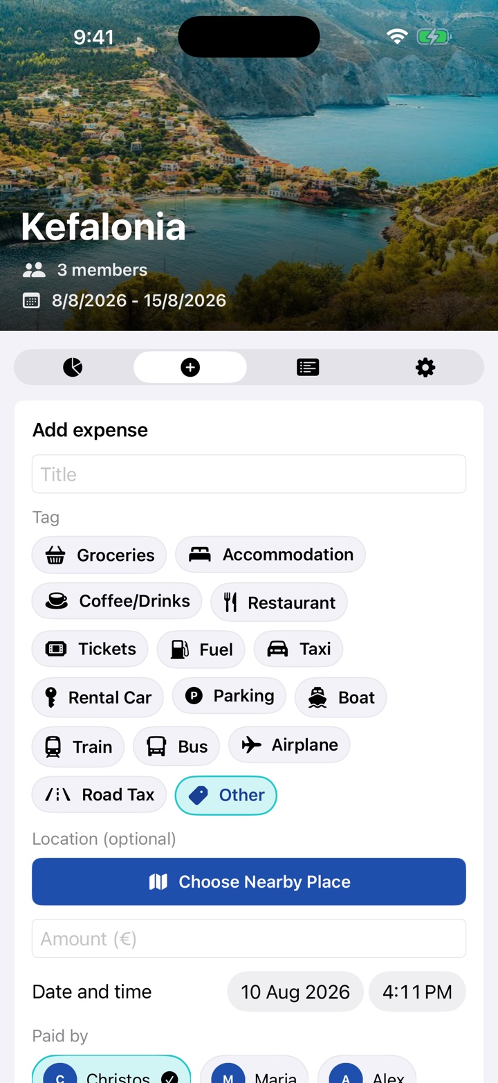 FairTrip add expense screen with travel categories, a Choose Nearby Place button, euro amount, date and time, payer, and participants