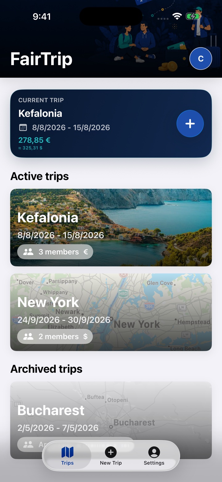 FairTrip trips screen showing the current Kefalonia trip, euro and dollar amounts, a New York dollar trip, and an archived Bucharest leu trip