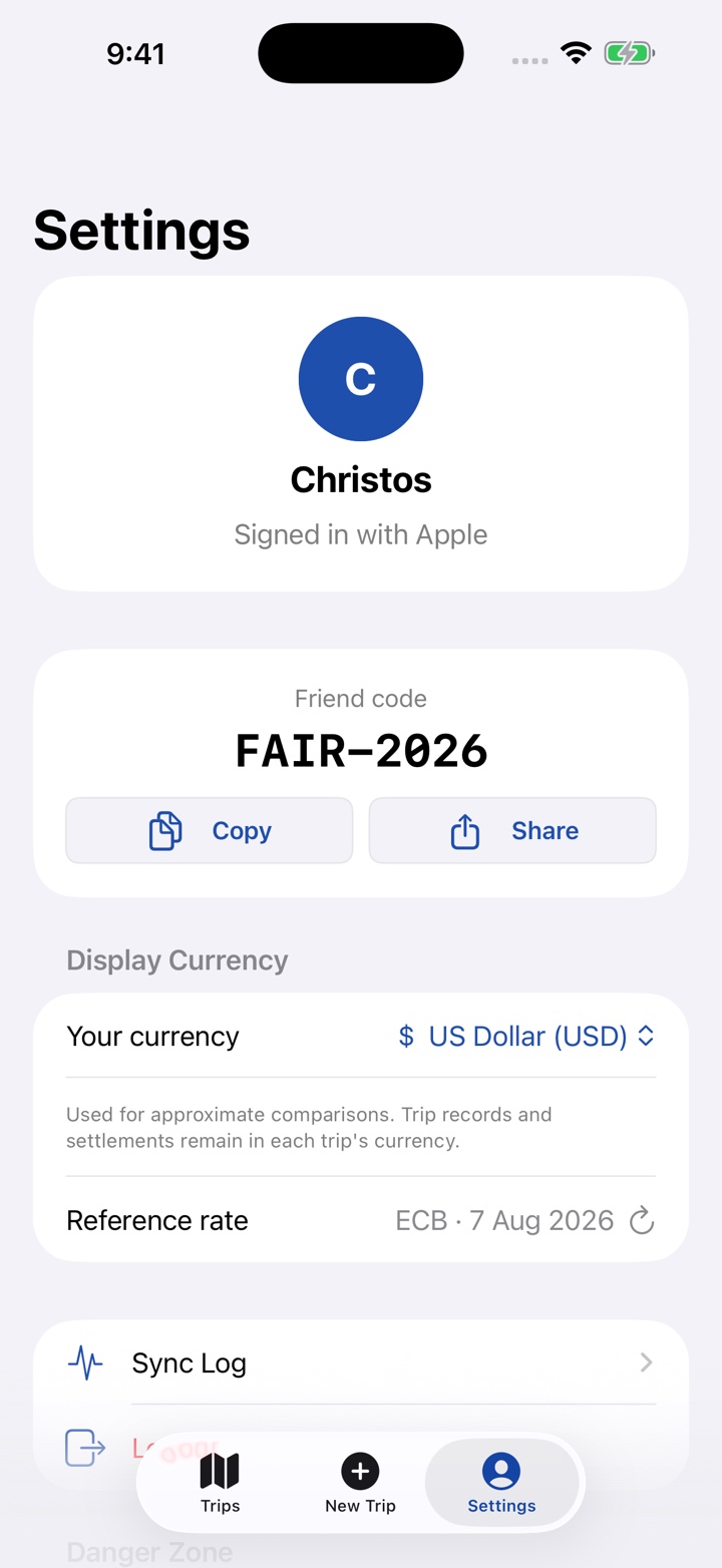 FairTrip signed-in account settings showing a friend code and U.S. Dollar display currency