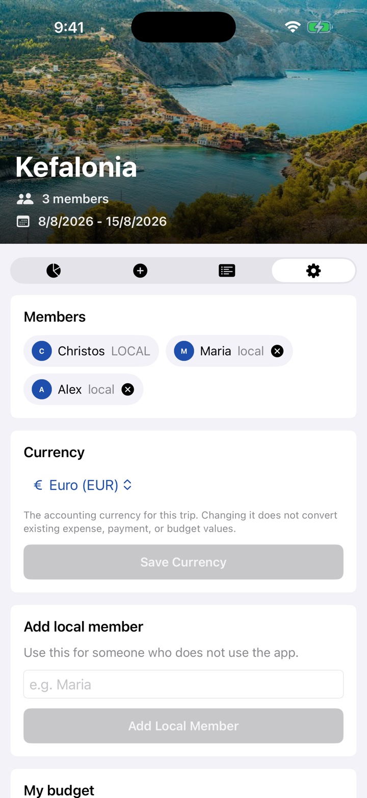 Kefalonia trip settings showing members and the full Euro EUR currency selection